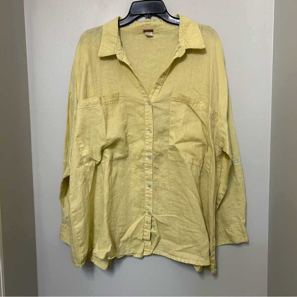 Magaschoni Lime Button Down Roll Tab Sleeve Linen Women's Long Sleeve Top XL